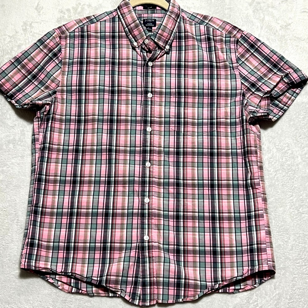 J. Crew Flex Washed Short Sleeve Button Down Shirt Men's L Slim Plaid‎ Print